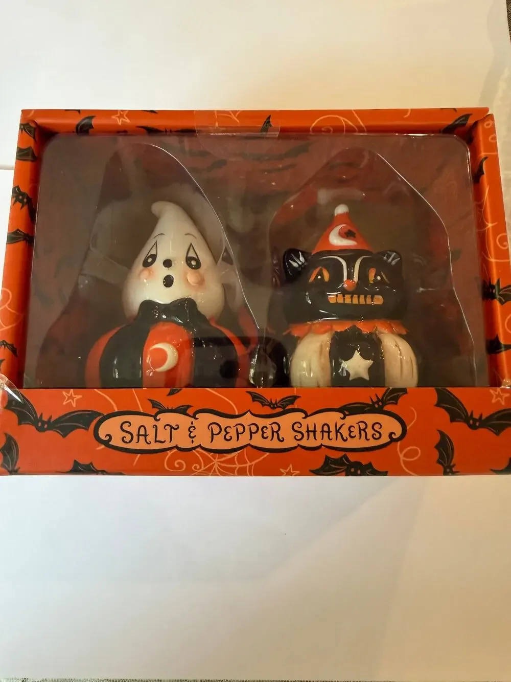 Johanna Parker Halloween Ghost & Black Cat Salt & Pepper Shakers New in Box